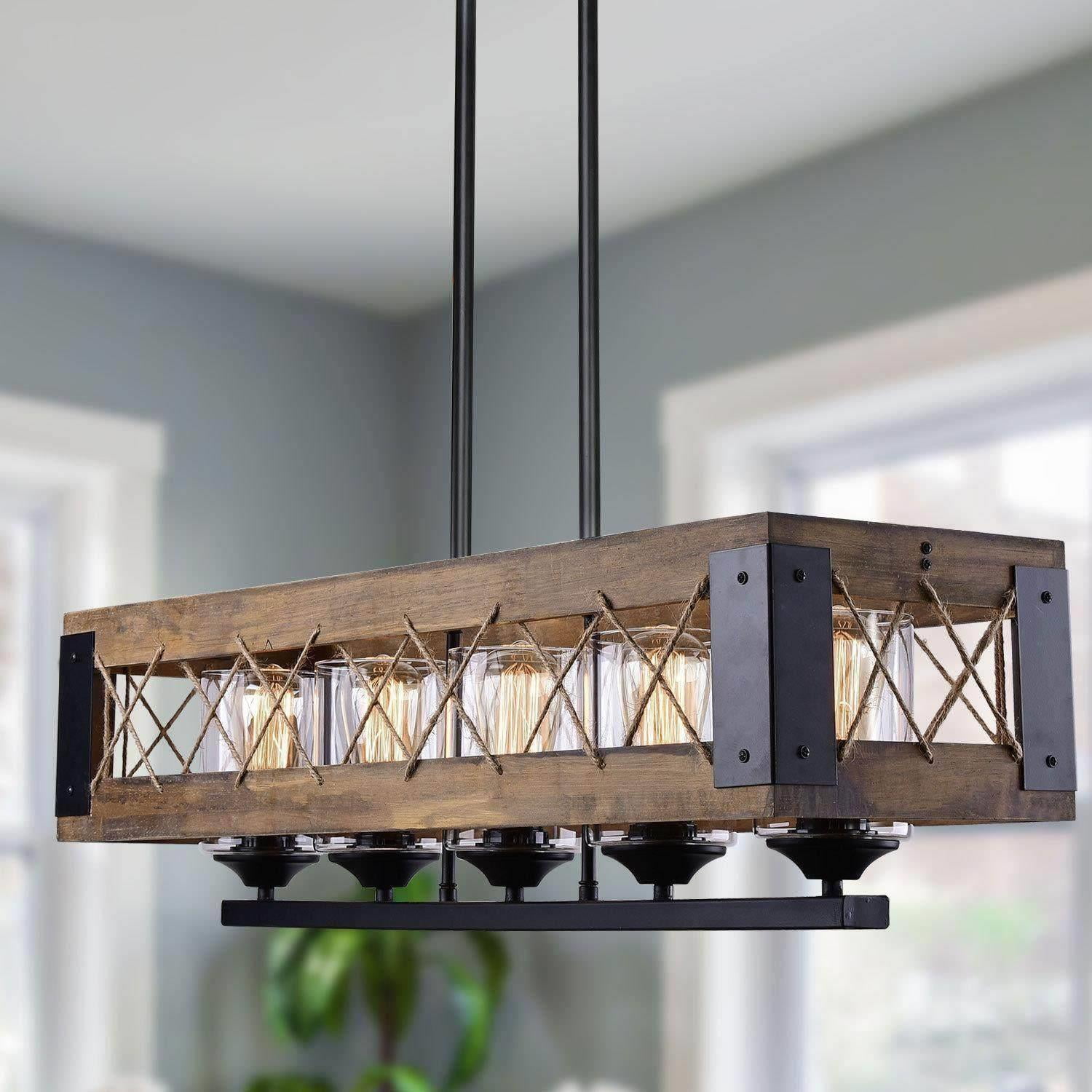 LNC 5-Light Black and Brown Wood Farmhouse Cage Chandelier for Kitchen Island