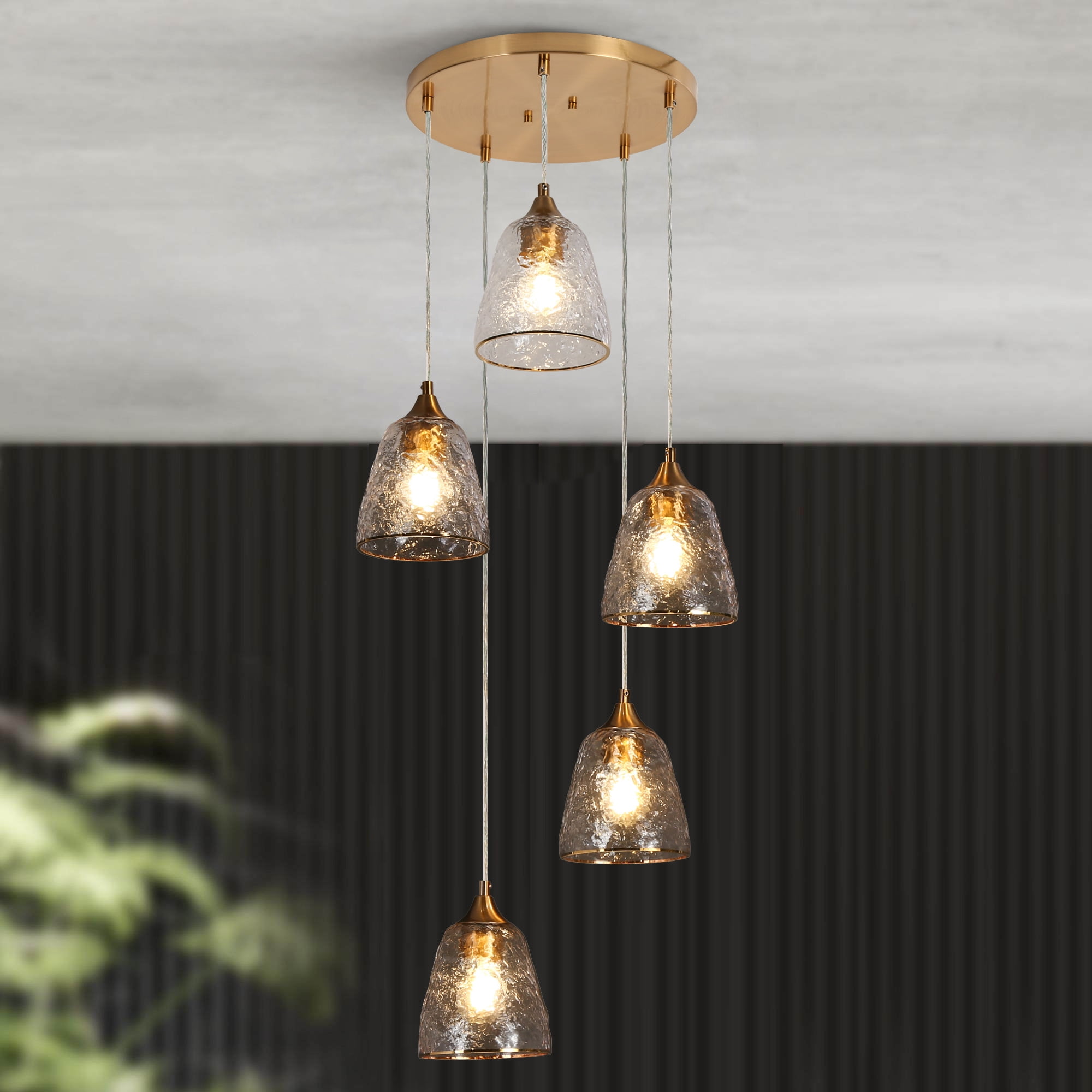 LNC 5-Light Polished Gold Modern Art Glass Bell Pendant Light, For Kitchen Island