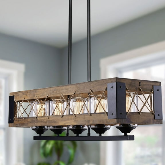 LNC 5 Lights Farmhosue Matte Black Wood Clear Glass Shape Linear Chandelier for Dining Room
