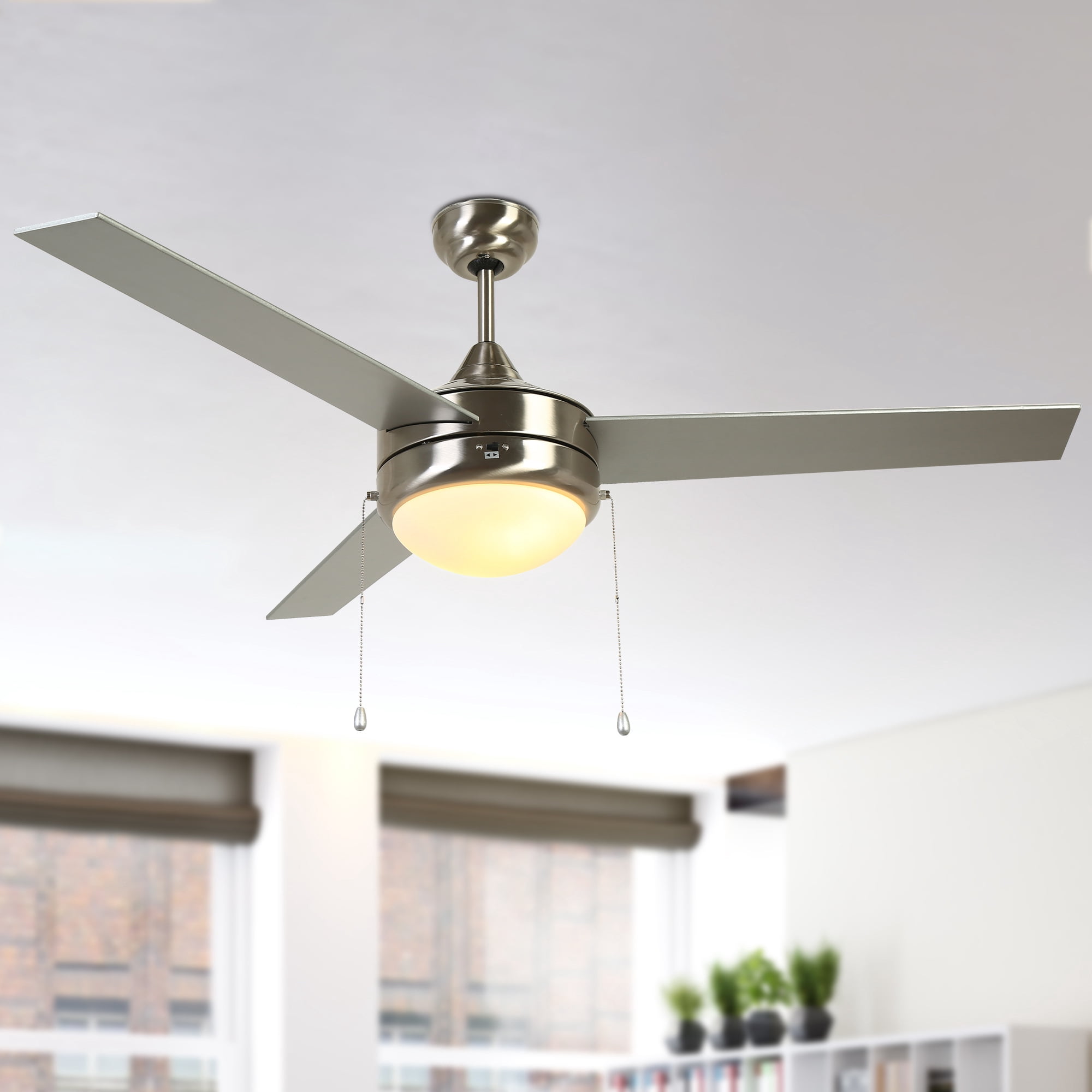 LNC 52 Inch Ceiling Fan,Brushed Nickel,3-Speed Pull Chain,2-Bulb E26 LED,Downrod Mount,Indoor,4600 CFM