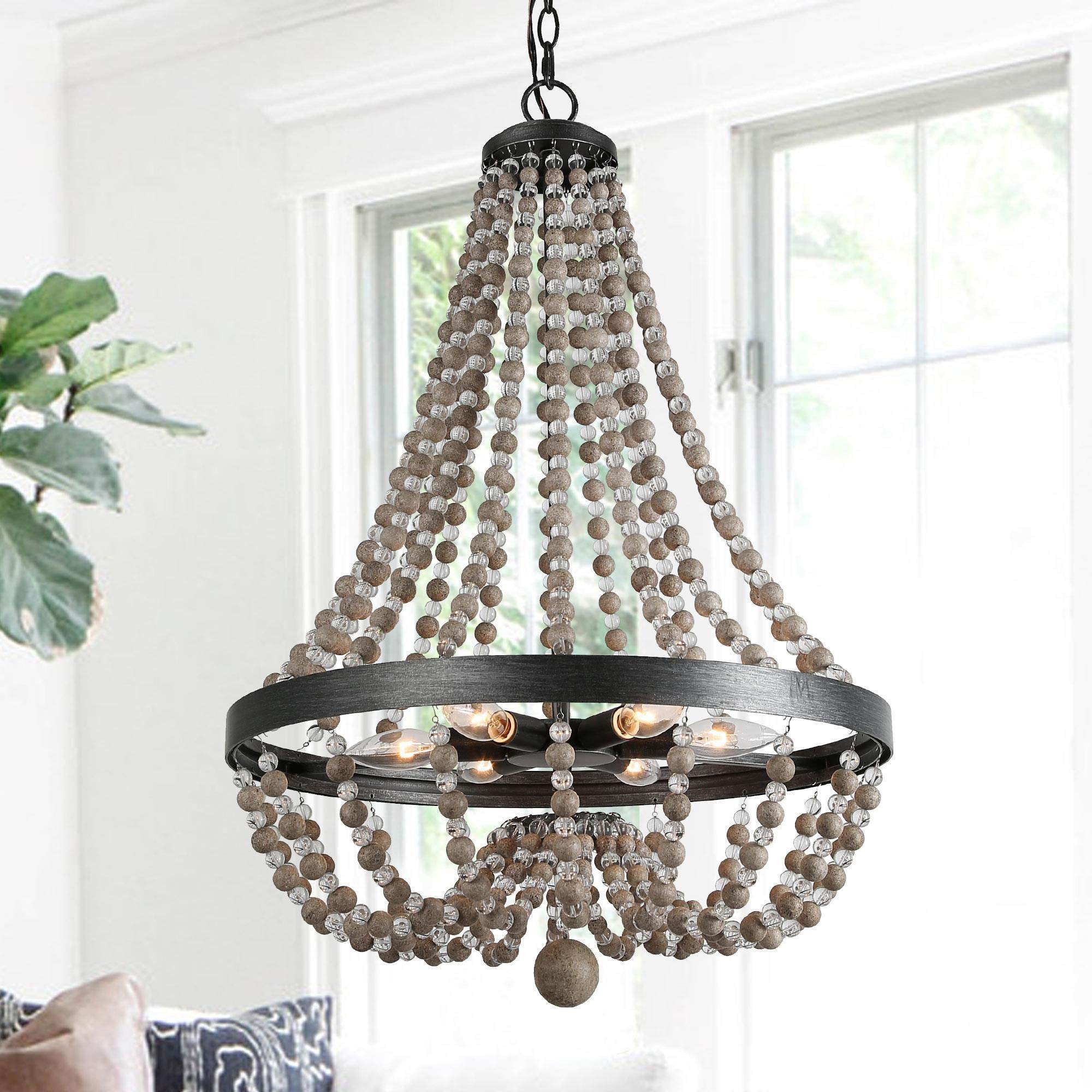 LNC 6-Light Distressed Gray and Black Beaded Bohemian Empire Farmhouse Chandelier