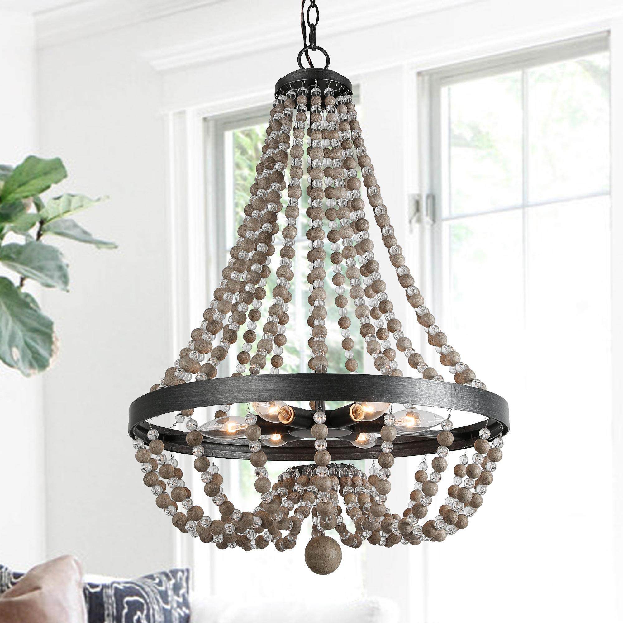 Leora 5-Light Brushed Grey shops Chandelier with Grey Real Wood Beads