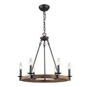 Farmhouse 6-Light Wagon Wheel Chandelier, Round Wood Frame with Bronze Metal Accents, 22.8"