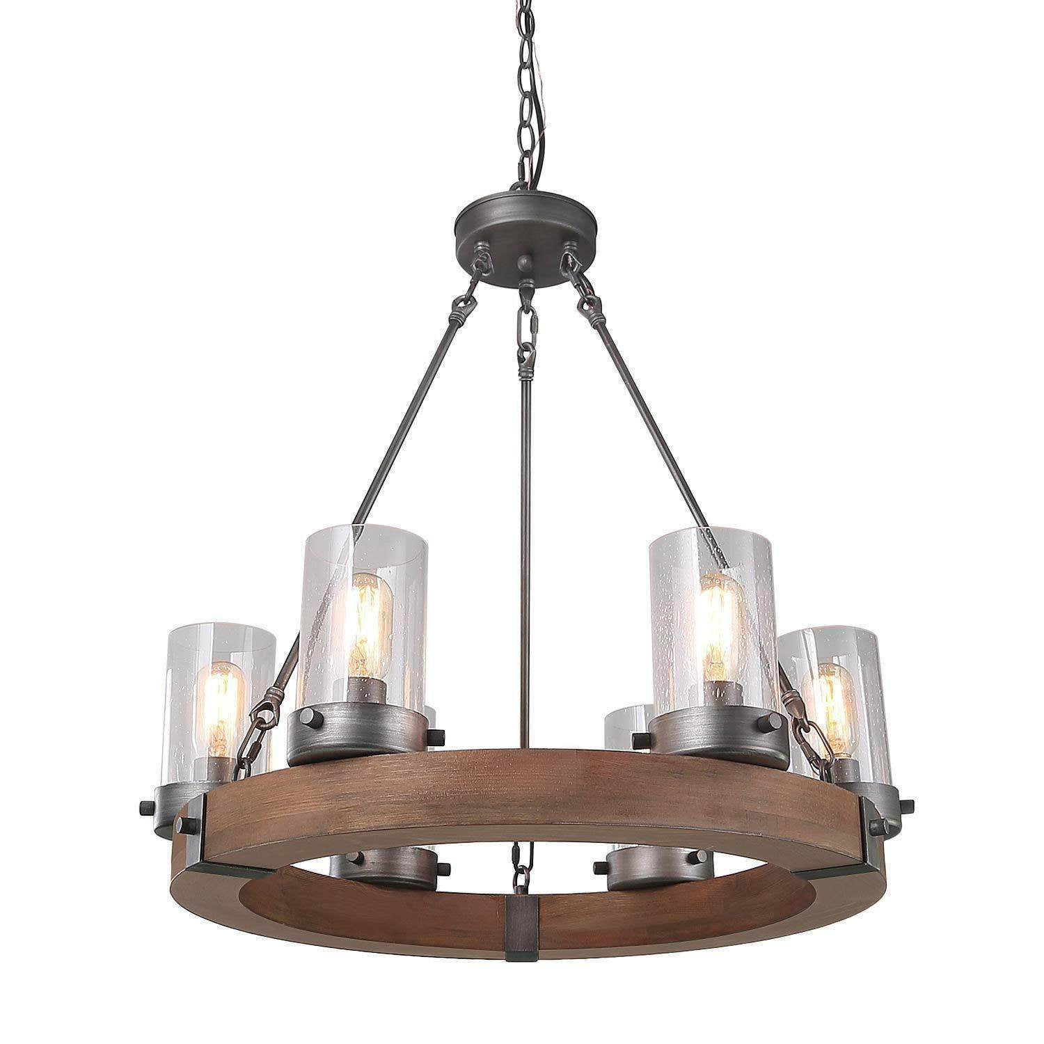 LNC 6-Light Distressed Wood and Gray Wagon Wheel Chandelier with Seeded Glass