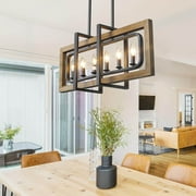 Farmhouse 6-Light Linear Chandelier with Wood Frame and Black Iron, Rustic Kitchen Island Light