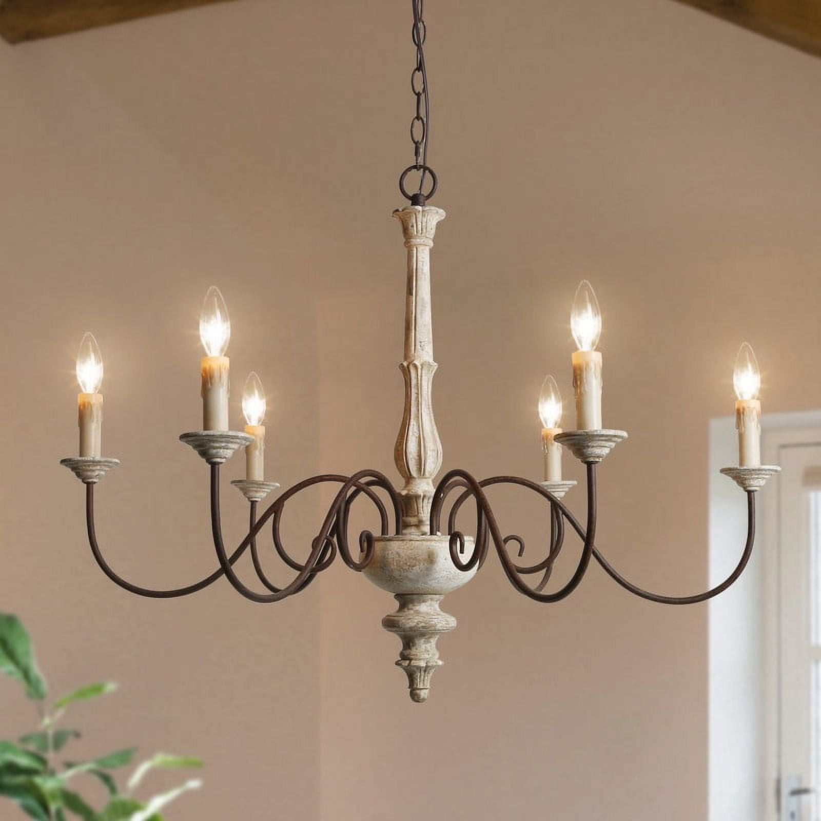 LNC 6-Light Bronze French Country Wood Chandelier Lighting Fixtures for Dining Room, Off-White