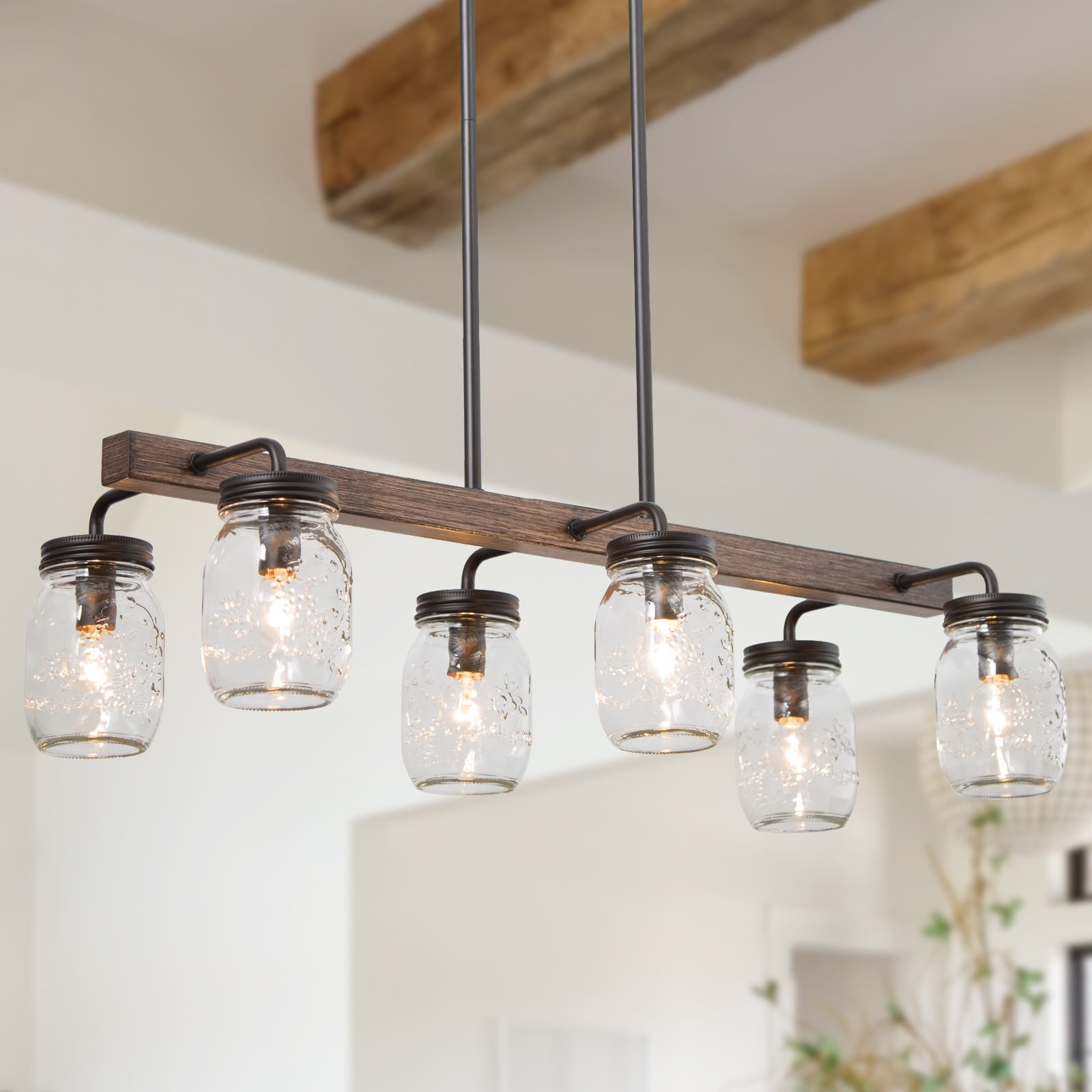 LNC 6-Light Farmhouse Matte Black and Bronze Wood Linear Maison Jar Glass Shape Chandelier for Dining Room