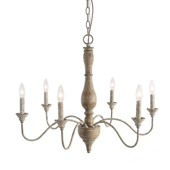 LNC 6-Light French Country Distressed Off-White Handmade Wood and Metal Candle Shape Chandelier