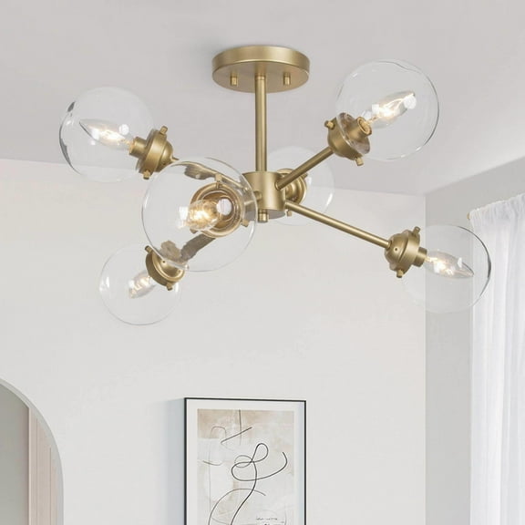 LNC 6-Light Modern Matte Gold and Globe Clear Glass Semi Flush-Mount For Living Room and Dining Room