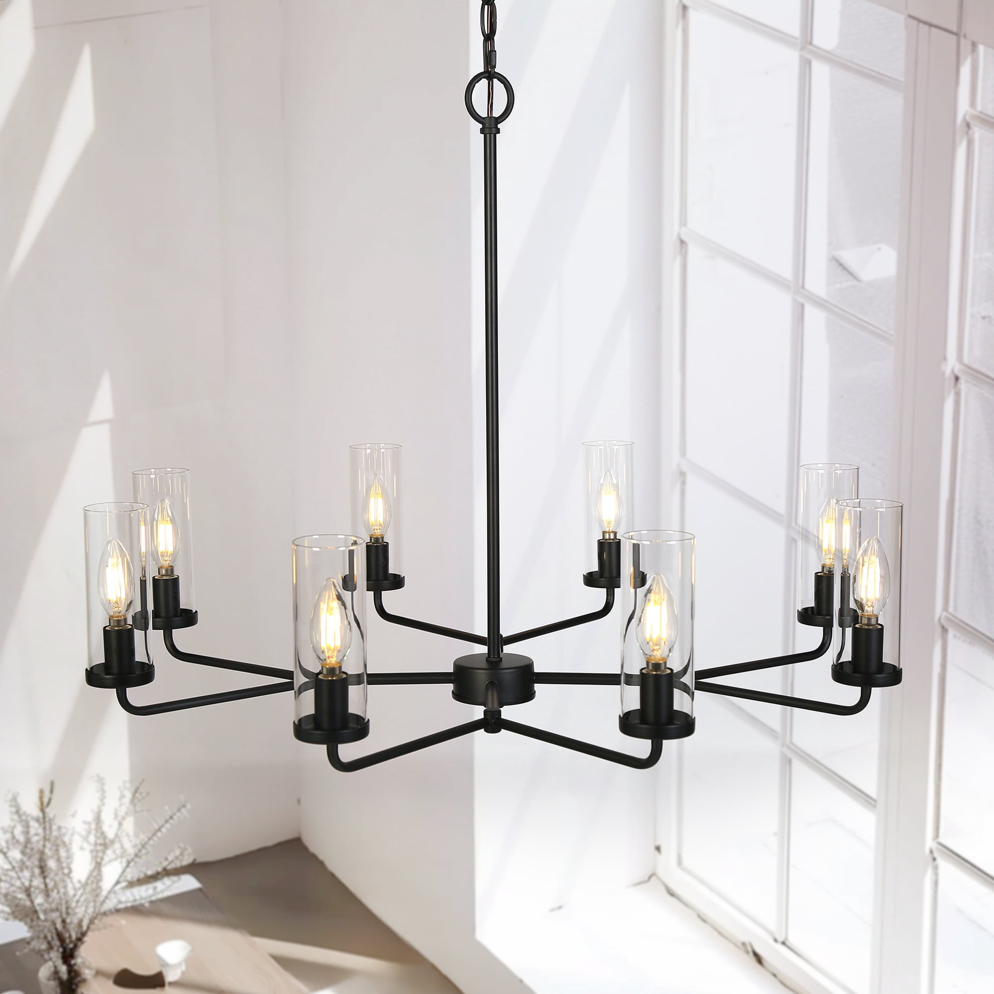 LNC 8-Light 1-Tier Modern Metal Matte Black Hardwired Candle-Style Chandelier