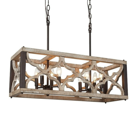 LNC 8-Light Distressed Wood and Bronze Linear LED Farmhouse Chandelier