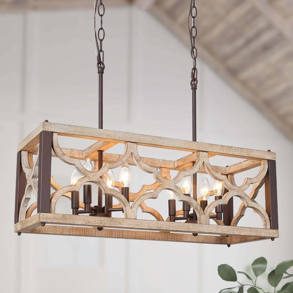 LNC 8-Light Farmhouse Distressed Grayish Wood and Rustic Bronze Linear Chandelier