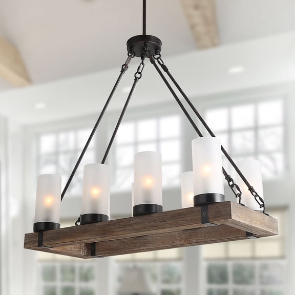 LNC 8-Light Farmhouse Wood Chandelier Kitchen Island Light with Frosted Glass