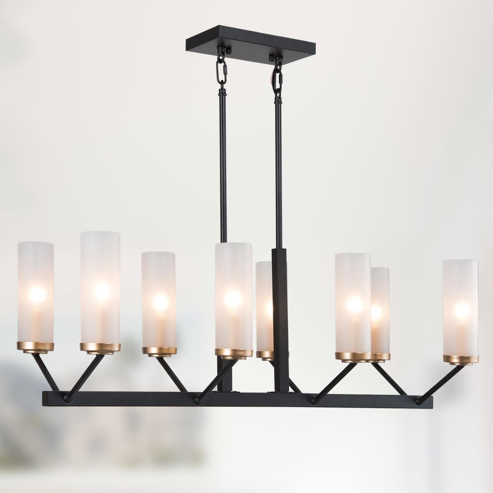 Lnc 8 Light Matte Black and Gold Modern Contemporary Frosted Glass Linear LED Kitchen Island Light Modern Linear Chandeliers Light for Dining Room
