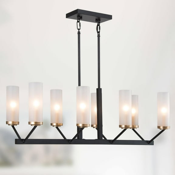 LNC 8-Light Black and Gold Linear LED Pendant with Frosted Glass for Kitchen Island