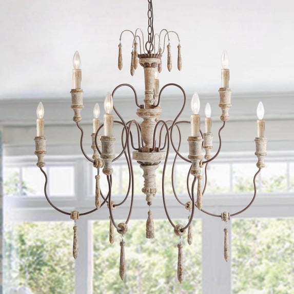 LNC Andromeda 9 -Light Distressed Off-white Beaded Metal Wood Chandelier