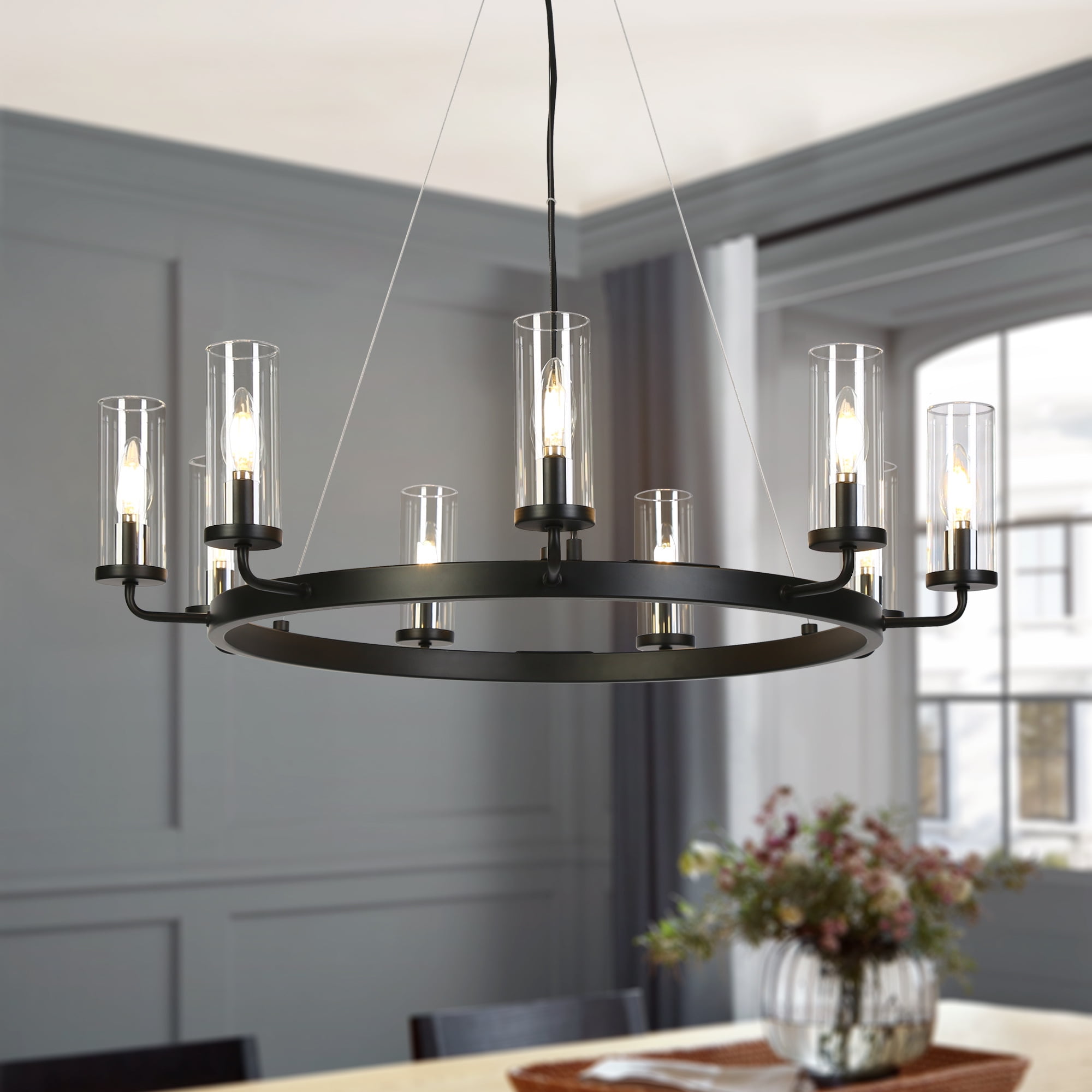 LNC 9-Light 1-Tier Transitional Metal Matte Black Hardwired Wagon Wheel Chandelier