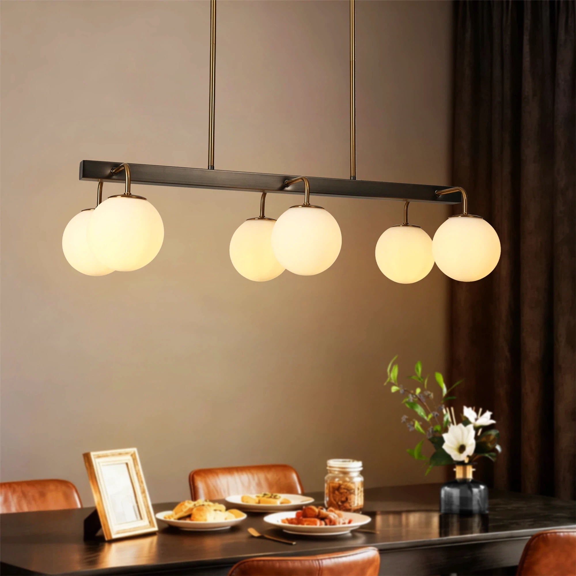 LNC Aladarimostinin 6 -Light Polished Brass and Brushed Black Modern/contemporary Opal glass Linear Large Hanging Kitchen Island Light