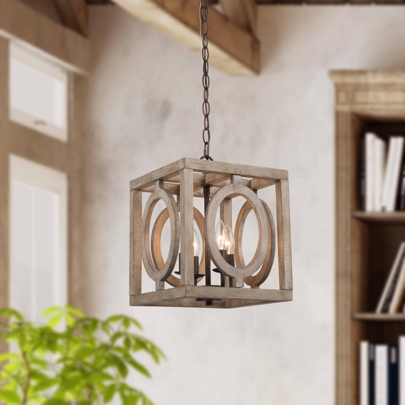 LNC Arisaema 4-Light Farmhouse Pendant Light in Rustic Iron and Weathered Wood Finish