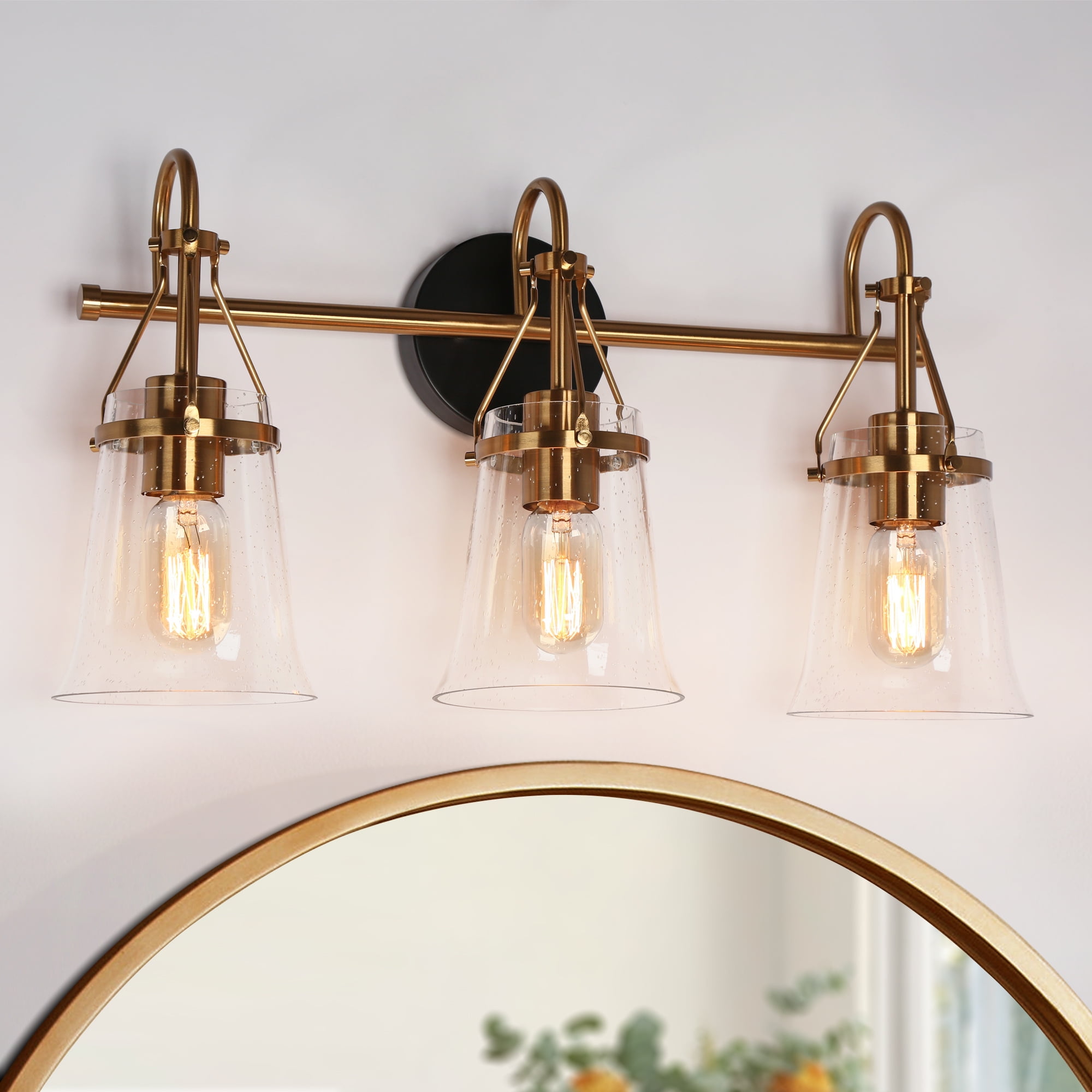 LNC Black & Gold 3-Light Bathroom Vanity Light with Seeded Glass Bell Shades, Dimmable