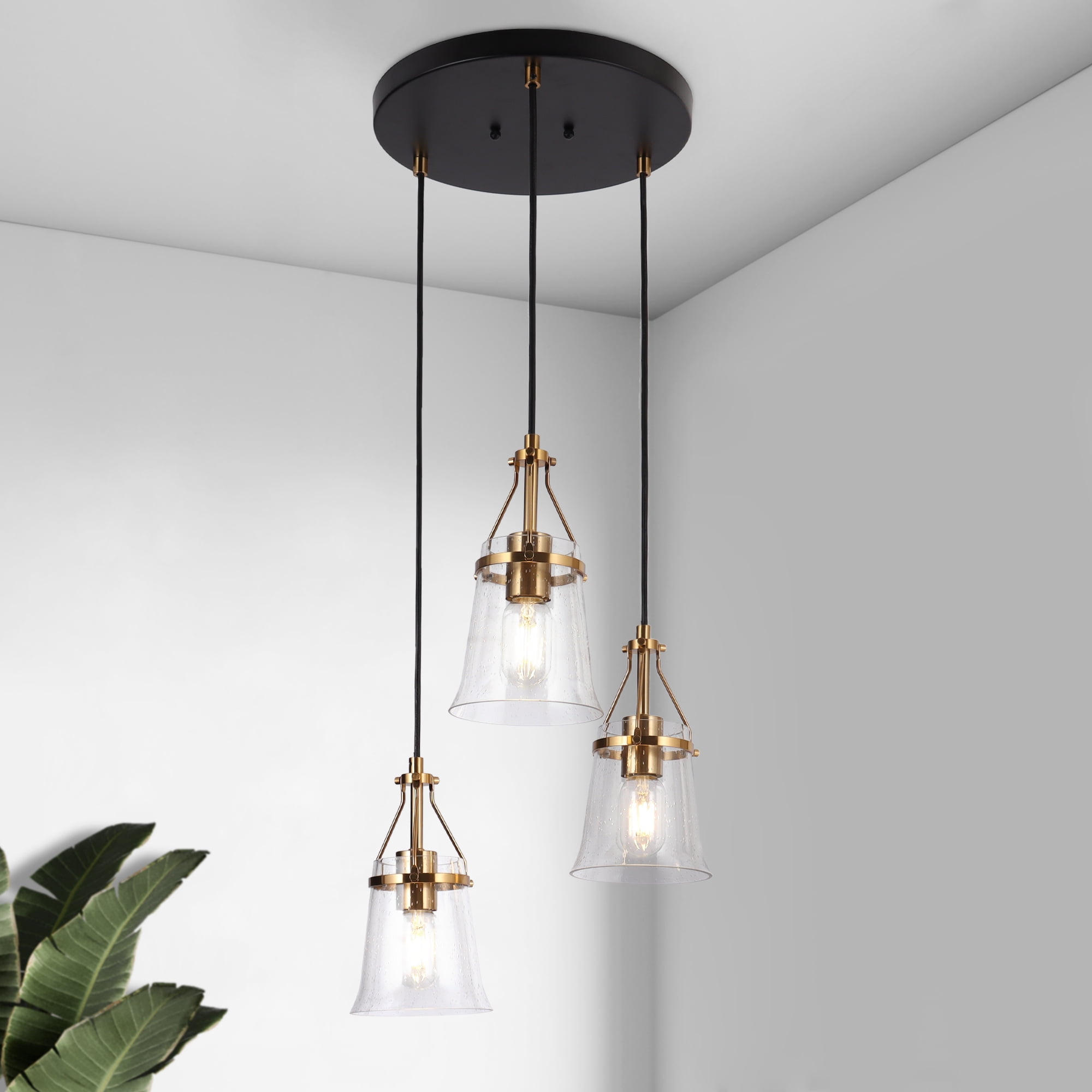 LNC 3-Light Black and Gold Linear Pendant with Seeded Glass for Kitchen Island