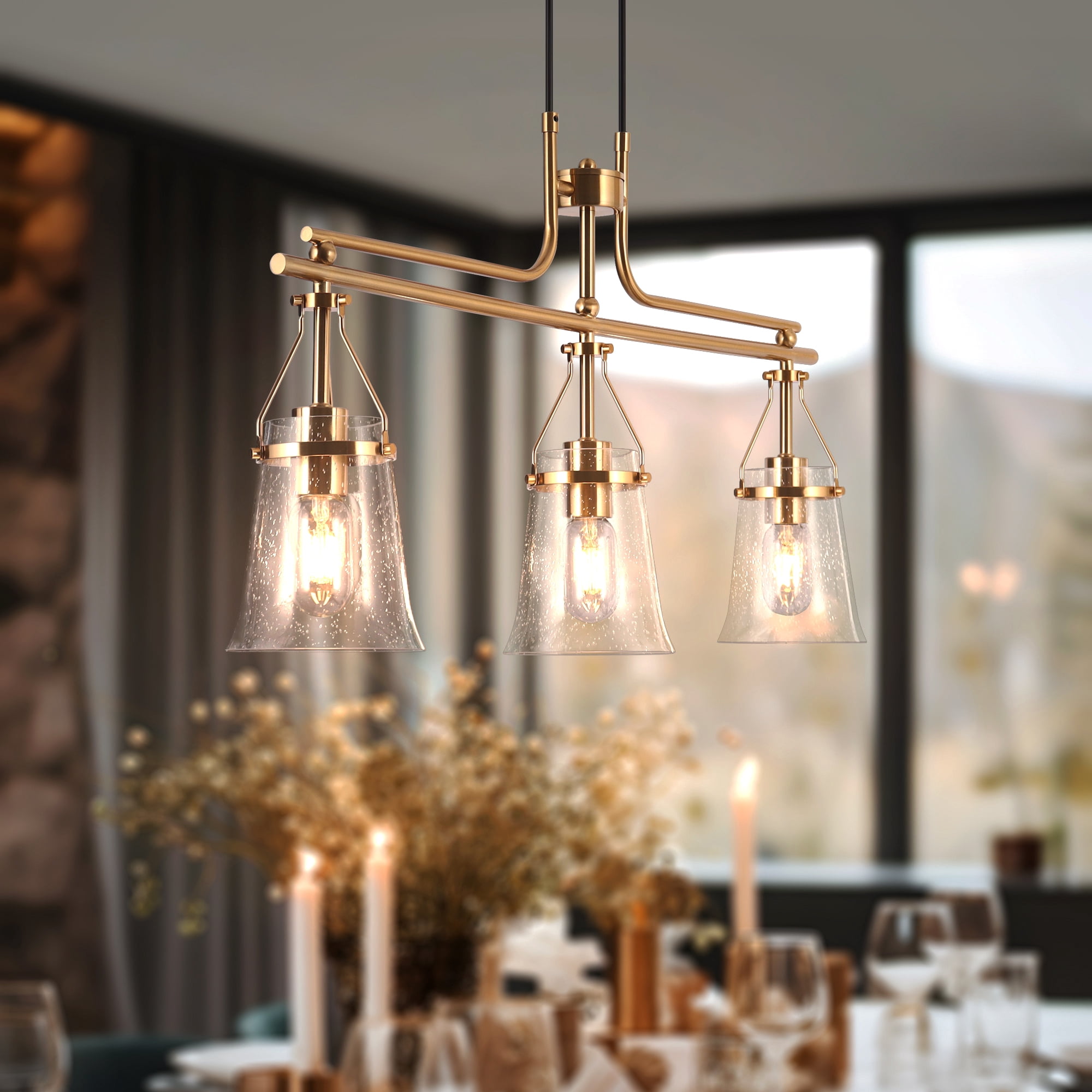 LNC Auisre 3-Light Island Light, Matte Black & Polished Gold Modern Seeded Glass