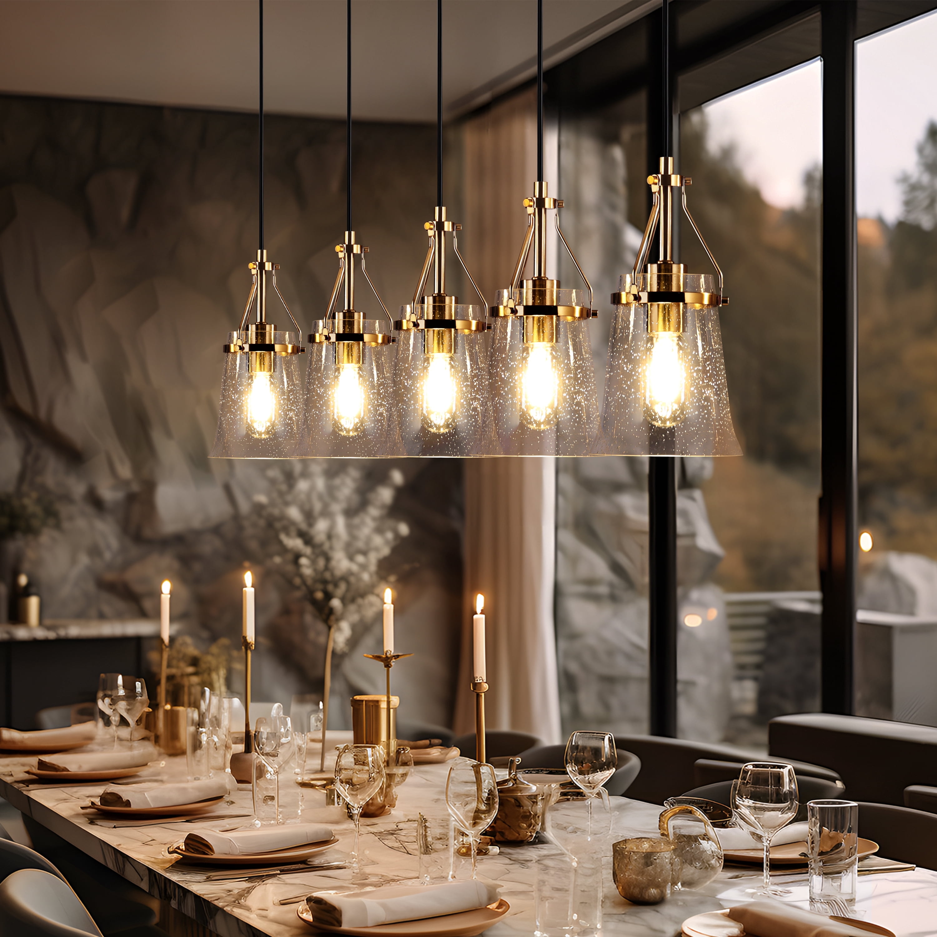 LNC Auisre 5-Light Matte Black and Gold Modern Seeded Glass Linear Hanging Island Light