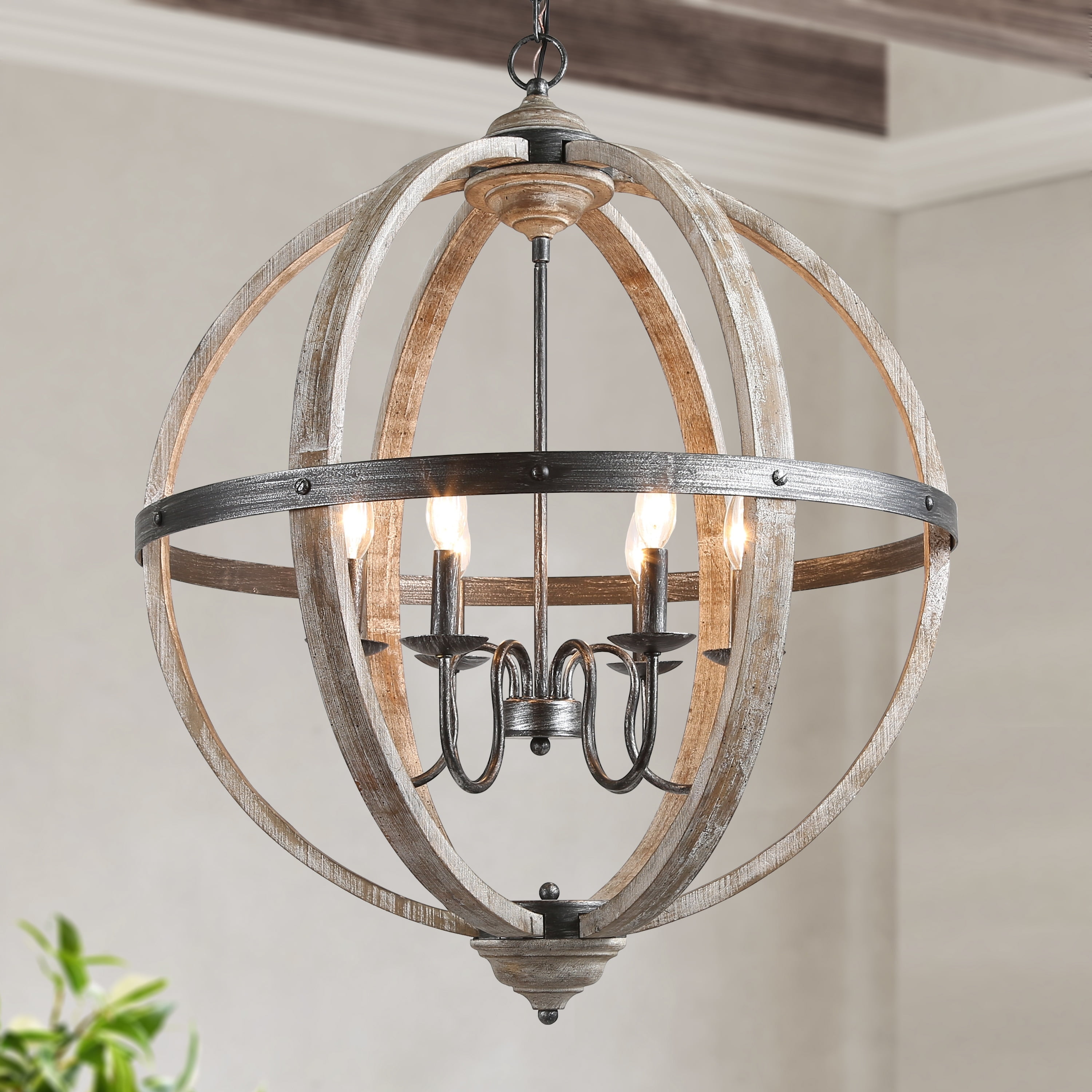 Azizon Distressed Wood and Black Metal Globe Chandelier, 27"