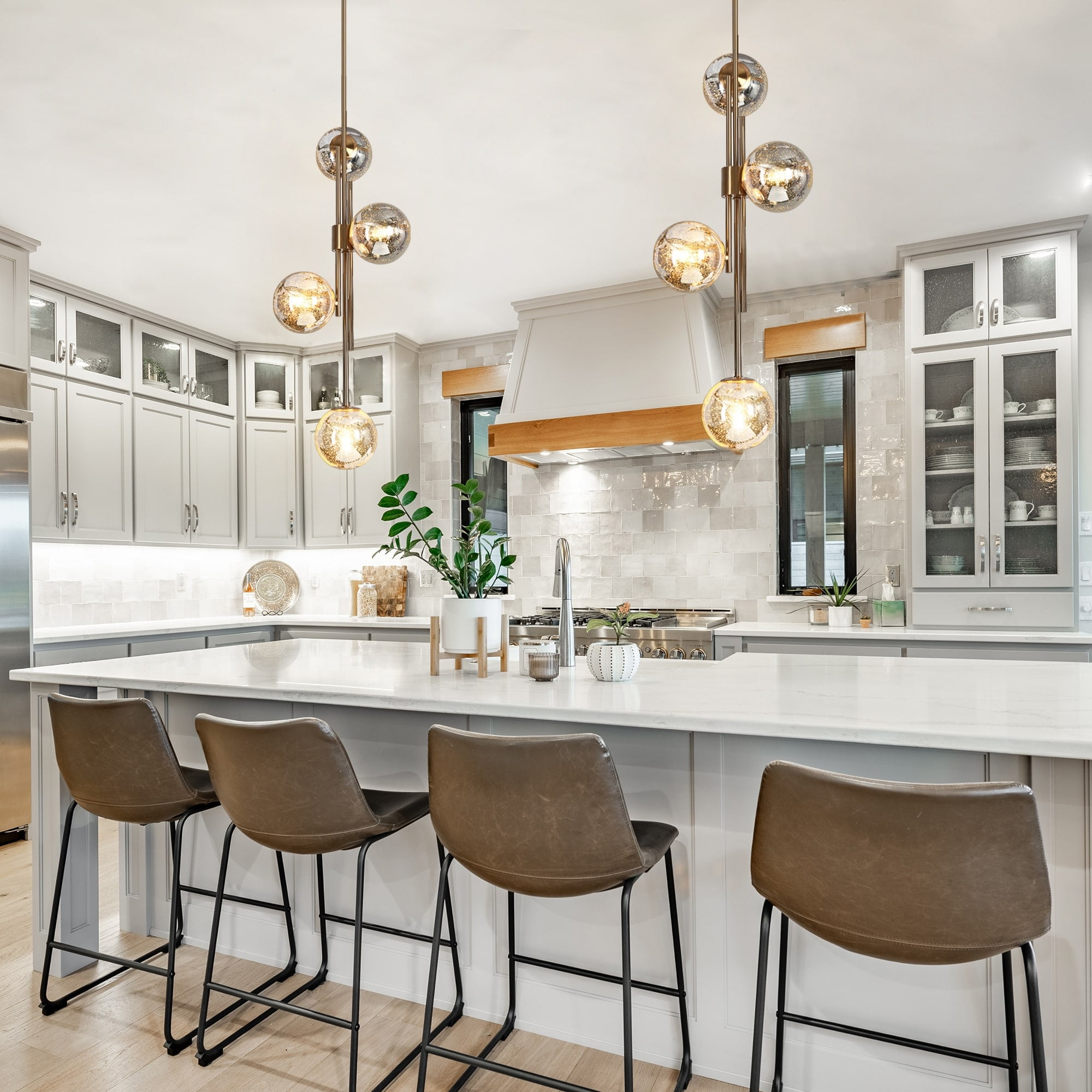 LNC Bela Modern Gold 4-Light Chandelier Orb Mercury Glass Pendant Lights for Kitchen Island - W13.4" x H96.5" MAX