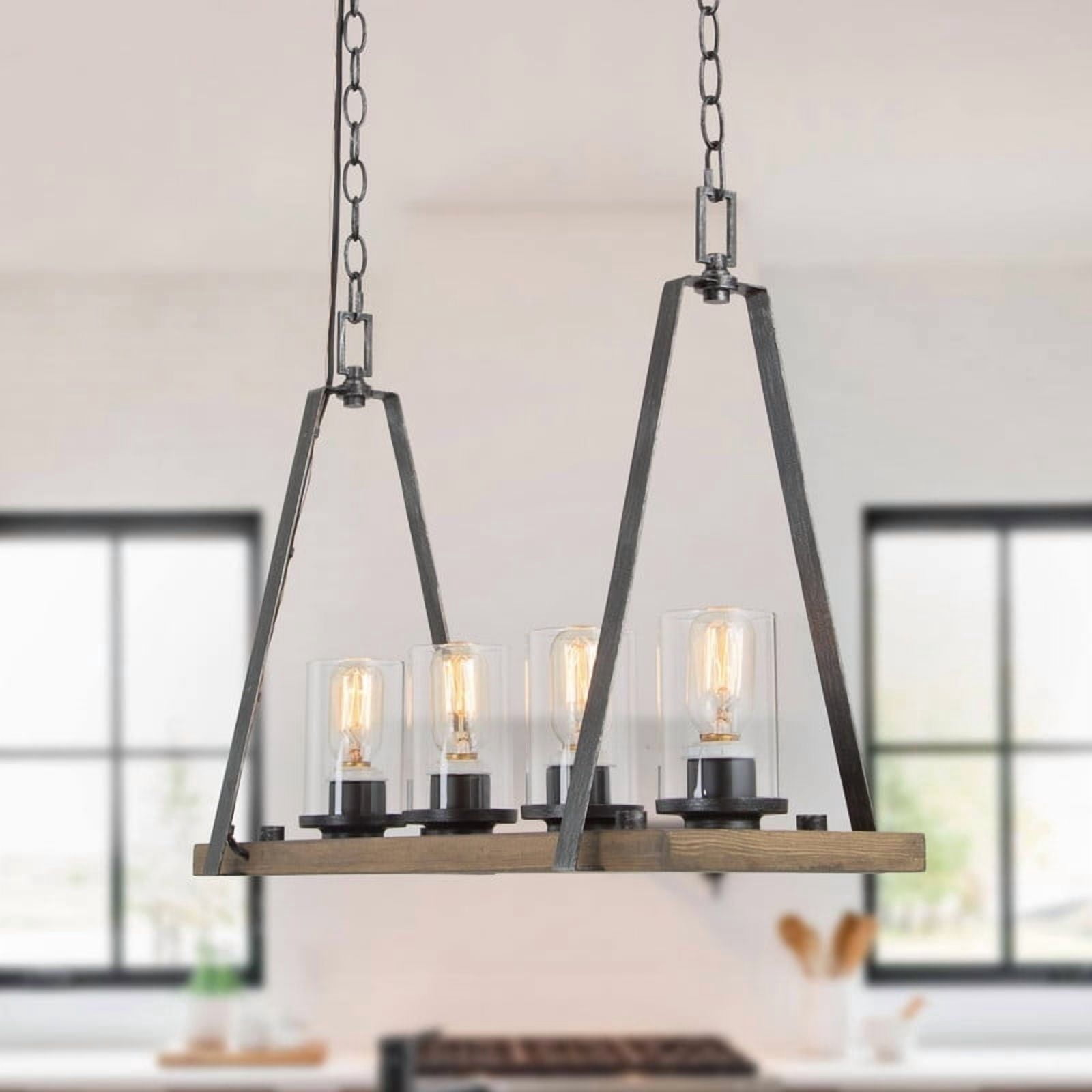 LNC Berthelotii 4-Light Linear Island Light with Clear Glass Shades and Faux Wood Accents