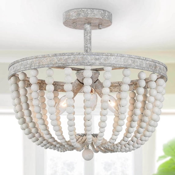 LNC Boho Wood Bead Semi Flush Mount Ceiling Light, 3-Light 16" Fixture in White Grey