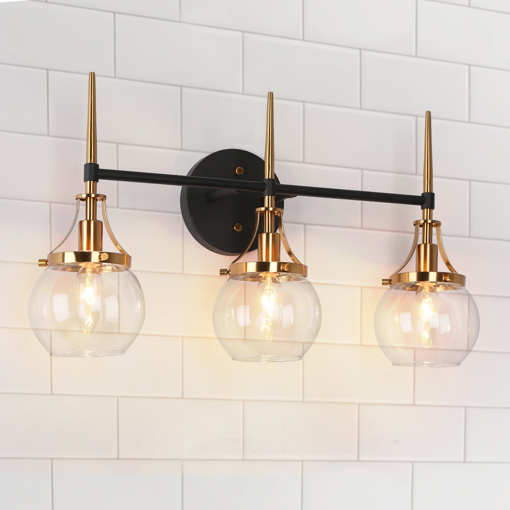 LNC Modern 3-Light Black and Gold Vanity Light with Globe Glass, 22-Inch Bathroom Fixture
