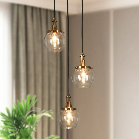 LNC 3-Light Globe Cluster Pendant, Clear Glass & Gold, for Kitchen Island & Foyer