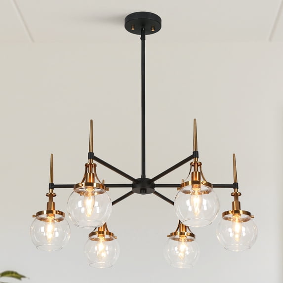 LNC Black & Gold 6-Light Globe Chandelier with Clear Glass Shades, Adjustable Height