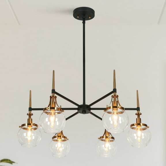 LNC Black & Gold 6-Light Globe Chandelier with Clear Glass Shades, Adjustable Height