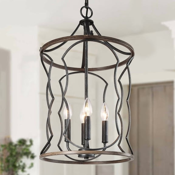 LNC Celosia 3-Light Black and Wood Drum Pendant Light for Dining Room or Entryway