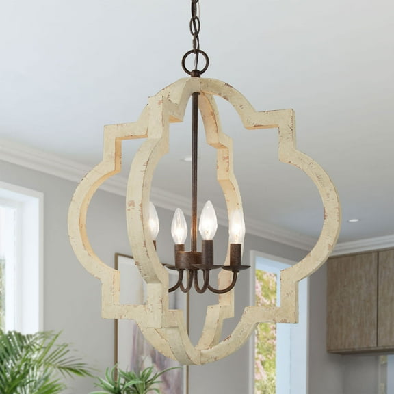 LNC Chandeliers for Dining Room 4-Bulb Antique White Wood Chandelier
