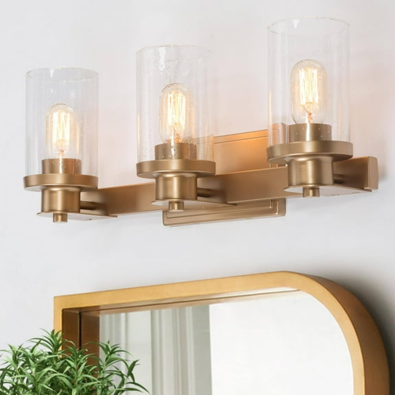 LNC 3-Light Brushed Gold Vanity Light E26 Hardwired with Seeded Glass Shades