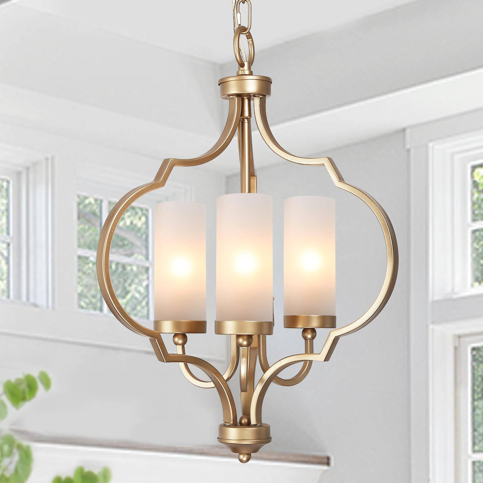 LNC Charm 3 -Light Matte Gold Cage Frosted glass Metal Chandelier
