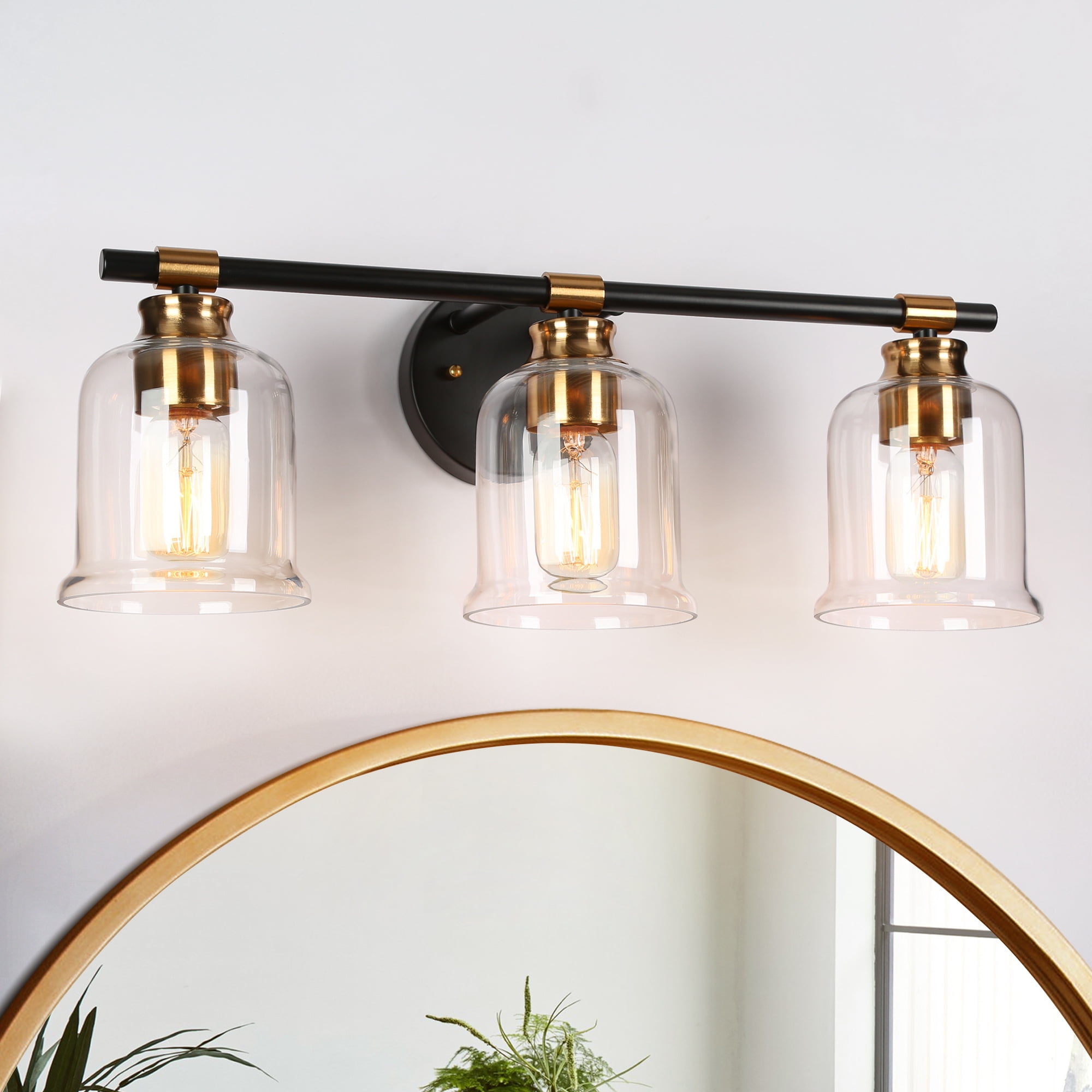 LNC Black & Gold 3-Light Bathroom Vanity Light with Clear Bell Glass Shades, Dimmable