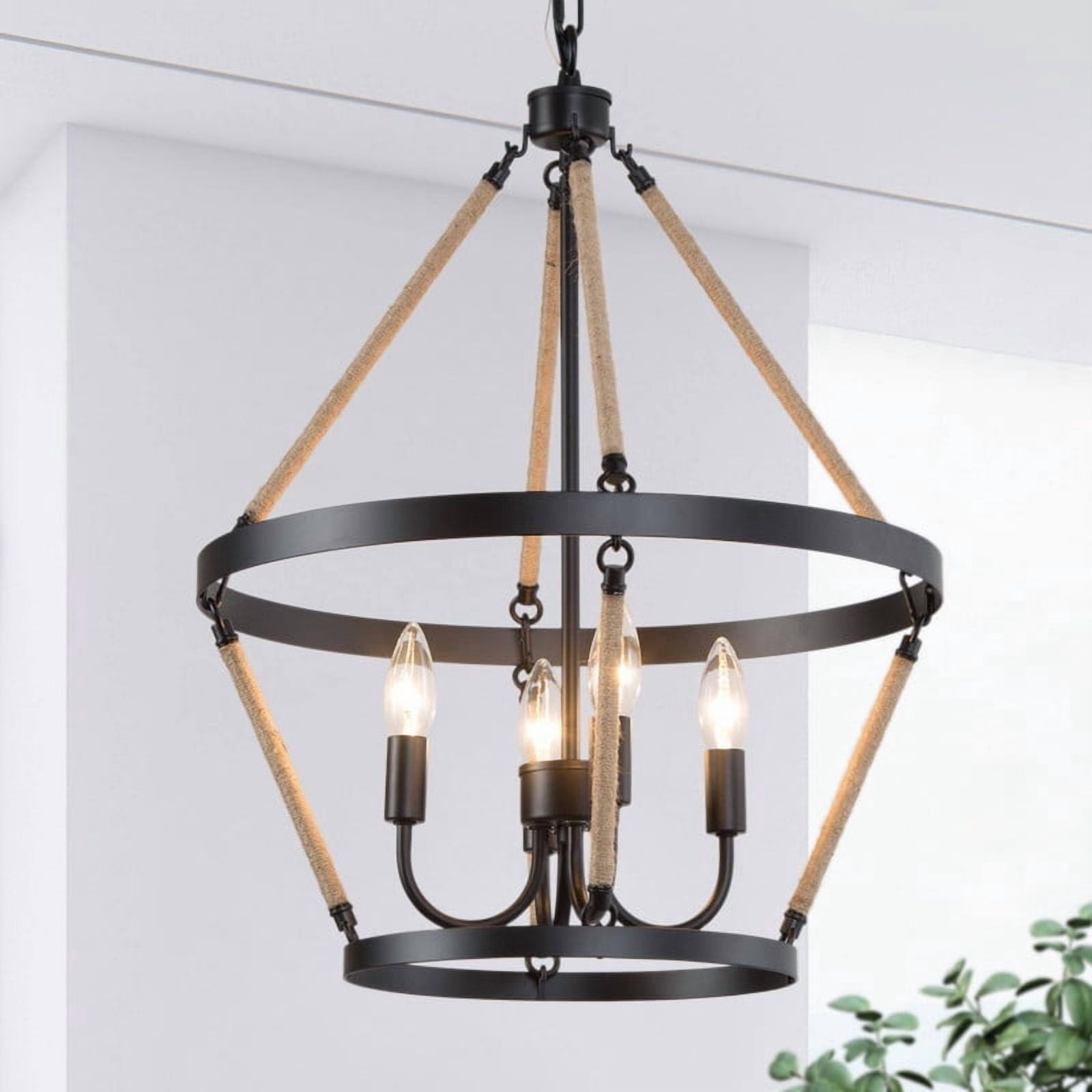 LNC Claunifer 4-Light Matte Black Farmhouse Chandelier with Rope Accents