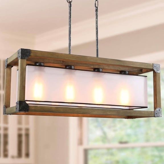 LNC Crebason 4-Light Rustic Linear Chandelier with Frosted PC Shade and Wood Frame for Kitchen Island