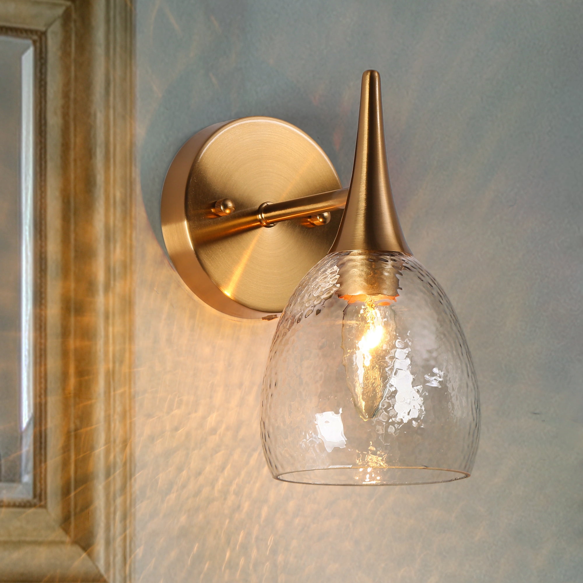 LNC Modern Gold Wall Sconce with Hammered Glass Shade, 1-Light Dimmable Vanity Fixture