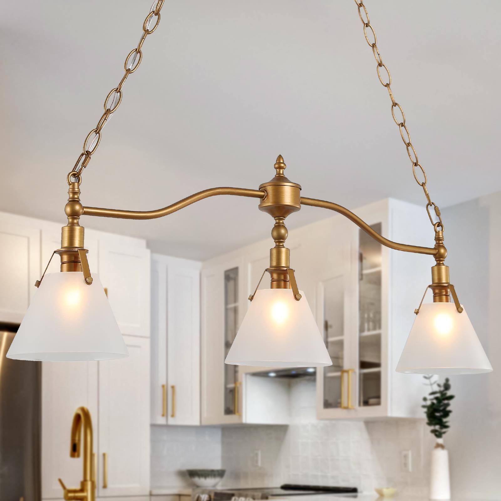 LNC Darren Modern Kitchen Island Pendant Light with 3 Opal Glass Shades, 31.5" Antique Brushed Gold