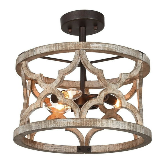LNC Distressed Grayish Wood and Rustic Bronze Drum Farmhouse LED Semi-Flush Mount Light