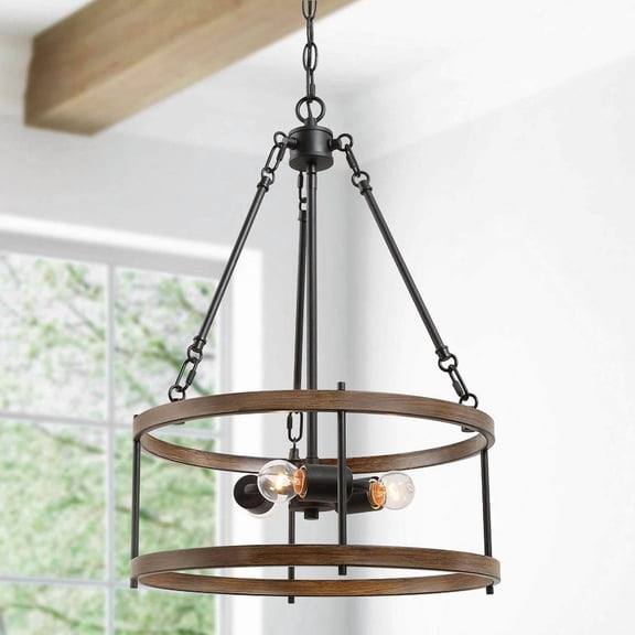 LNC Dolichokratos 3-Light Farmhouse Round Wood Chandelier with Black Metal Frame for Dining Room or Foyer