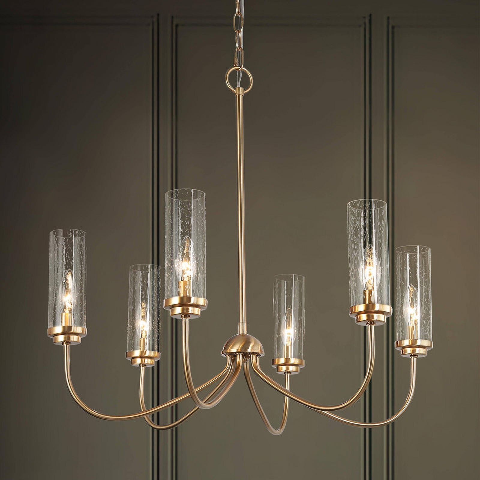 LNC 6-Light 1-Tier Modern Metal Brushed Gold Hardwired Seeded Glass Chandelier