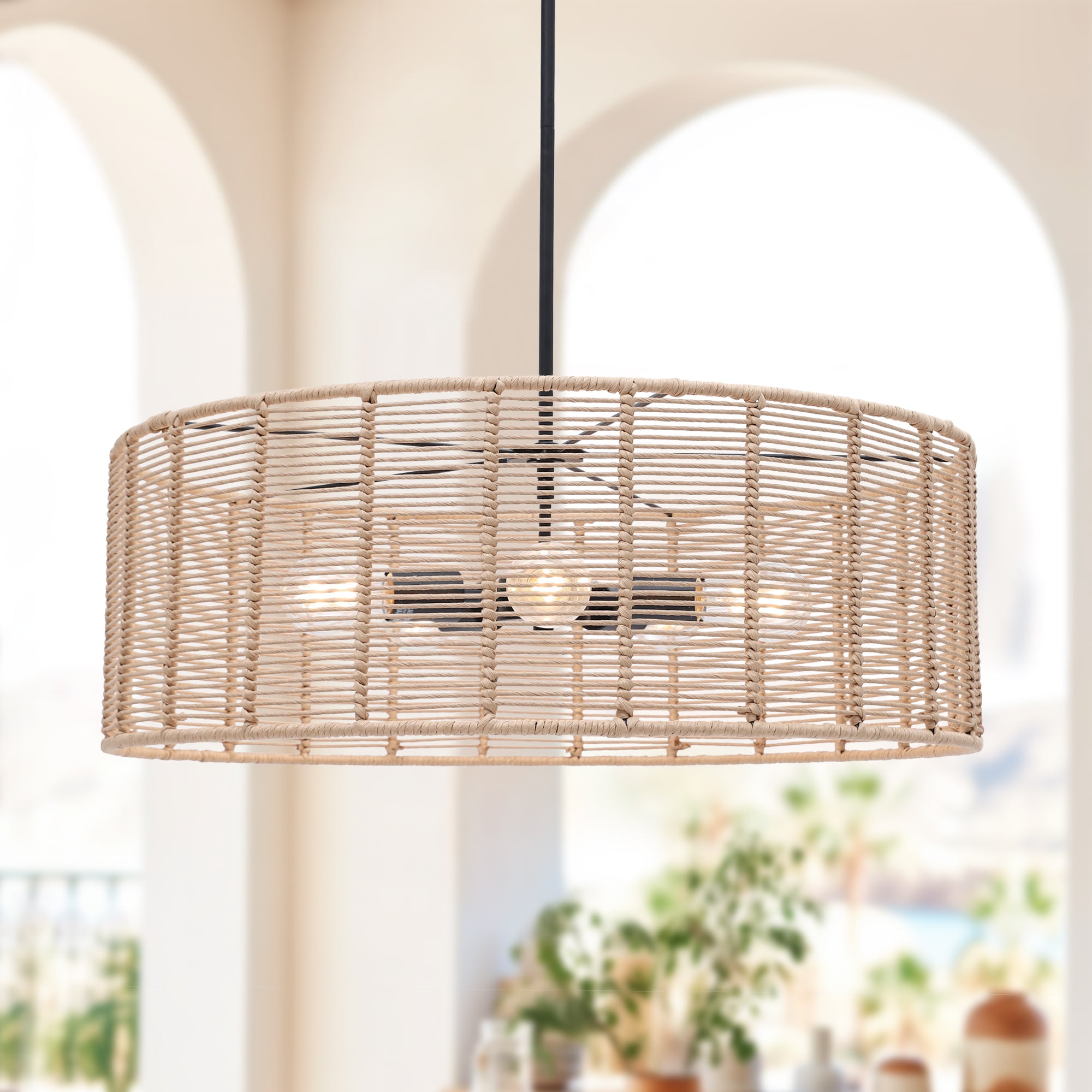 LNC 26" Natural Rattan Drum Pendant Light, Boho Dining Room Ceiling Fixture with 5 Lights