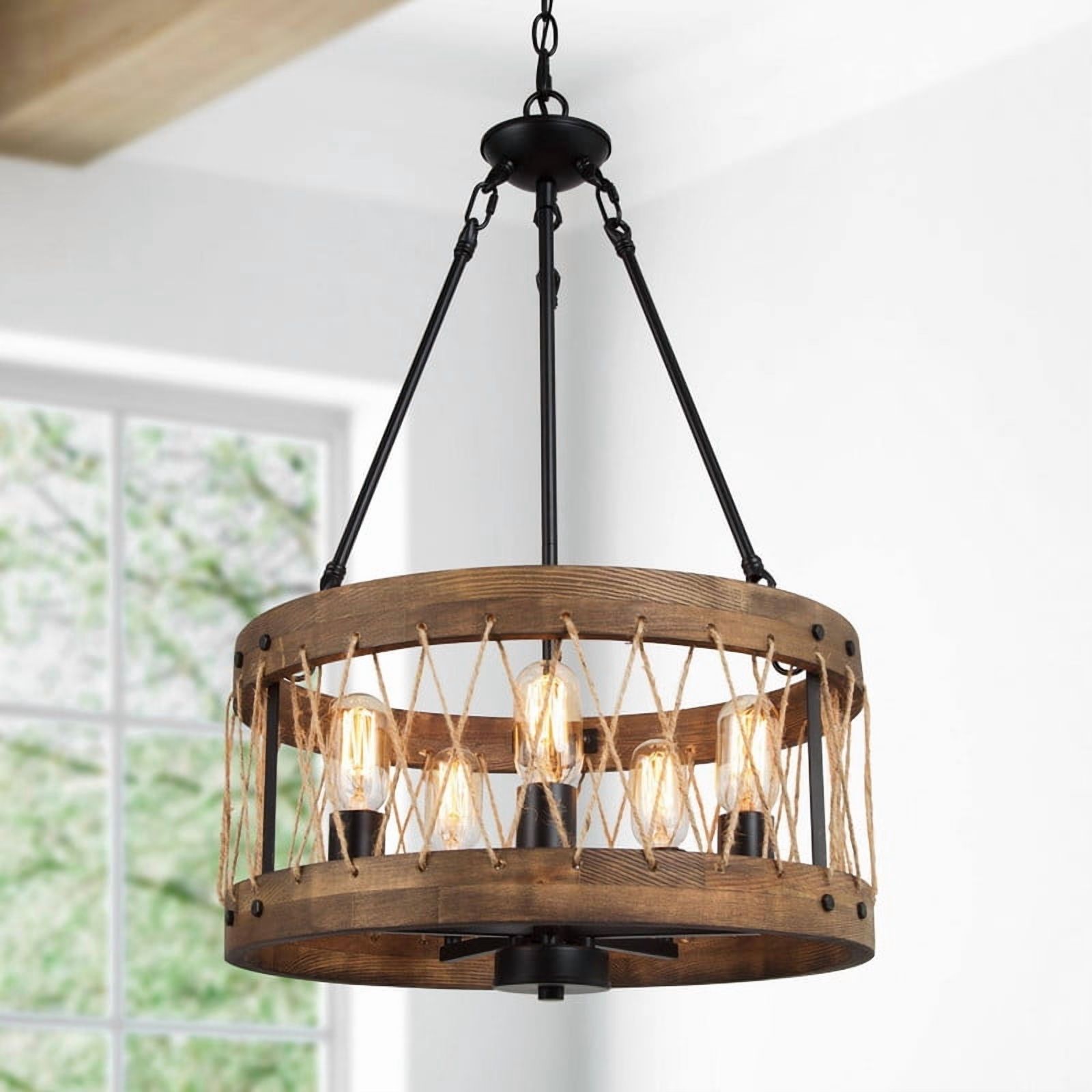 LNC Eriogonum 6-Light Rustic Round Chandelier with Rope and Faux Wood Accents
