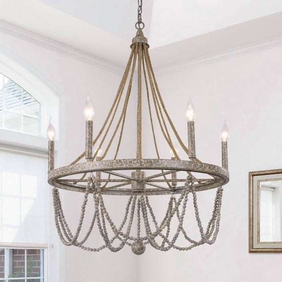 LNC Erlinduel 6-Light Antique Stone Rope and Wood Bead Chandelier for Dining Room or Living Room